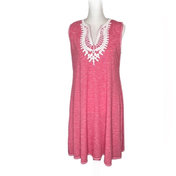 Max Studio Dress Shift Split Neck Crochet Trim Sleeveless Pink size medium. - Picture 5 of 8
